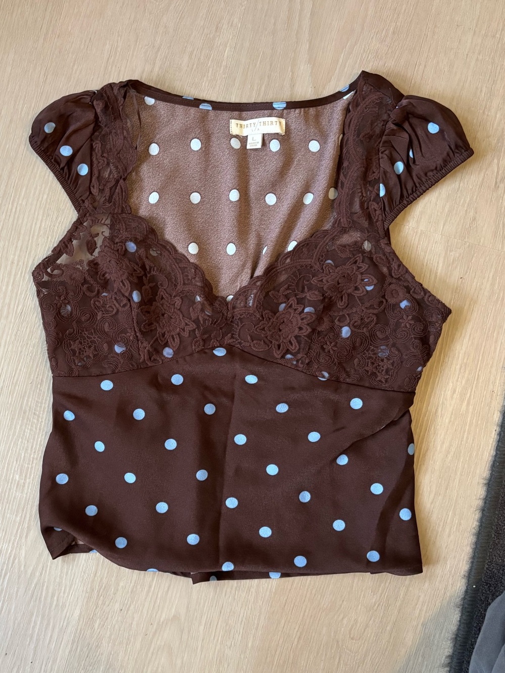 Brown Polka Dot Lace Cap-Sleeve Blouse with V-Neck
